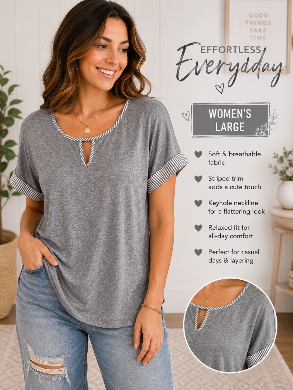 PerSeption Concept Gray Short-Sleeve Keyhole Tee with Striped Trim LARGE
